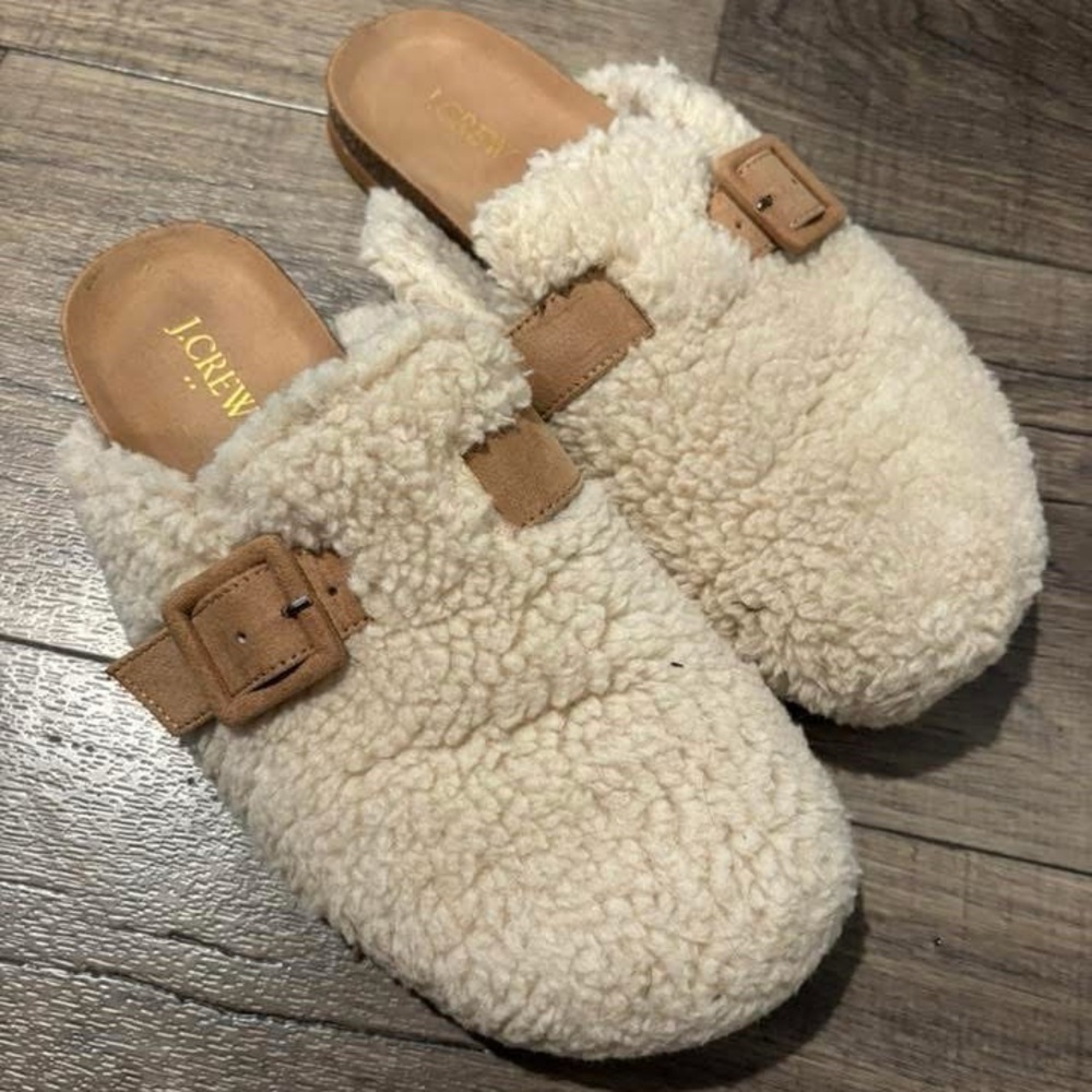 J. Crew Cream and Tan Shearling Slippers